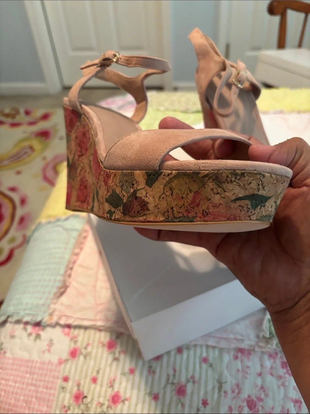 Anthropologie Blush Suede Wedge Sandals with Floral Cork Platform